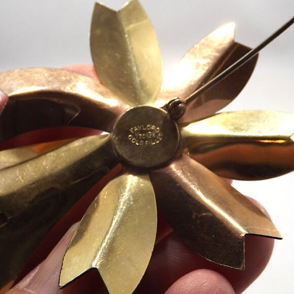 1940s Flower Brooch, Rose & Yellow 12K Gold Filled, Vintage, 3 1/2 Inches - Picture 4 of 10